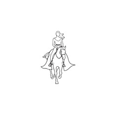 Black and white line art of a beautiful woman with perfect body riding horse elegant minimalist illustration