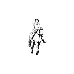 Black and white line art of a beautiful woman with perfect body riding horse elegant minimalist illustration