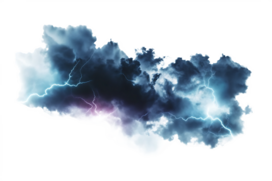 Dark storm cloud with bright lightning strikes isolated on a transparent background