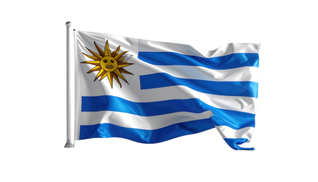 A digitally rendered representation of the Uruguayan flag, displaying flowing fabric and vibrant blue and white stripes against a stark black backdrop. - Powered by Adobe