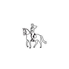 Black and white line art of a beautiful woman with perfect body riding horse elegant minimalist illustration