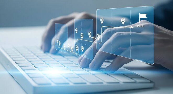 Hands typing on a keyboard with a digital roadmap overlay showing progress and goals