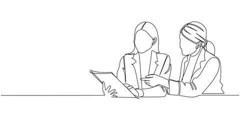 businesswomen collaborating line art vector illustration