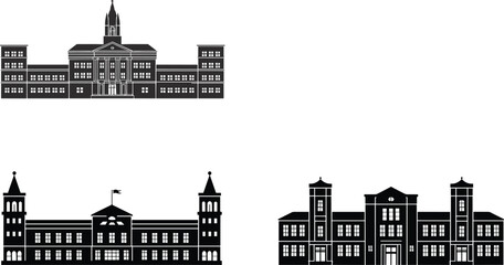 A vector icon set of university and college campus buildings, this collection features historic school and courthouse architecture for educational or government themes