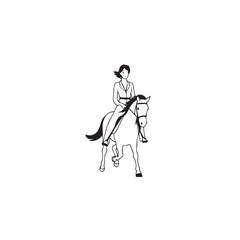 Black and white line art of a beautiful woman with perfect body riding horse elegant minimalist illustration