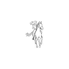 Black and white line art of a beautiful woman with perfect body riding horse elegant minimalist illustration
