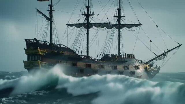 Pirate ship in stormy sea