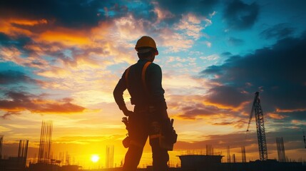 Silhouette of construction worker at sunset overlooking a construction site with crane and rebar
