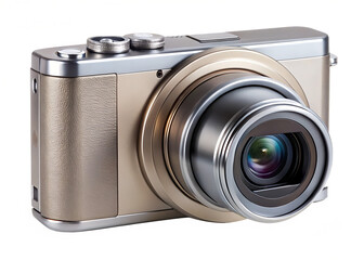 Compact digital camera with gold and silver finish and textured grip compact camera isolated on a transparent background