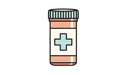 Illustration of a peach-colored pill bottle with a white label and a blue cross symbol on a white background.