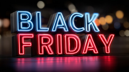 Black Friday neon sign glowing with blue and red lights, perfect for advertising sales and promotions, ideal for retail businesses, shopping events, and marketing campaigns