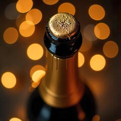 Macro close-up of champagne bottle neck wrapped in golden foil with warm festive bokeh background, no text no logo