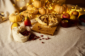 Cozy Autumn Thanksgiving Table With Pumpkin Pie, Cranberries, and Fairy Lights