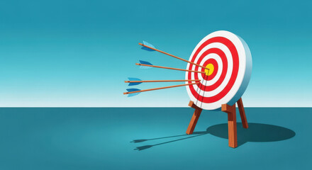 Multiple Arrows Hitting a Bullseye Target, Illustrating Teamwork, Collaboration, and the Combined Effort to Achieve a Common Goal on a Blue Background