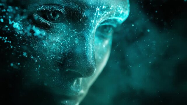 Mystical representation of a digital human face dissolving into glowing cyan particles, suggesting concepts of artificial intelligence, soul, consciousness, memory, and the digital afterlife