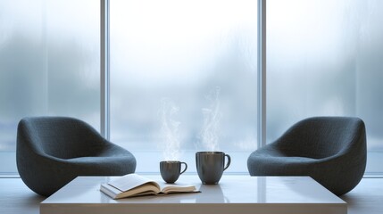 A cozy workspace featuring two chairs, a warm cup of coffee, and a book by the window creates the perfect setting for remote work or relaxing at home. It offers a peaceful, productive atmosphere for