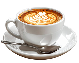 A friendly coffee presentation with a white cup and saucer, smiley face latte art on