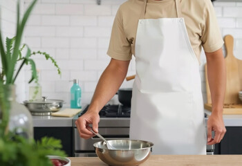 Blank white apron on man cooking mockup, ai generated