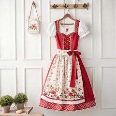 Traditional red and white dress with floral patterns, hung on a wooden hook against a white wall. The dress features puffed sleeves and a decorative apron.