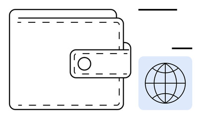 Wallet with button clasp near globe icon in clean lines, highlighting financial solutions and online accessibility. Ideal for payment, cashless, finance, technology, e-commerce, globalization