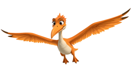 Orange Cartoon Female Pterodactyl Flying with Wings Extended on transparent background. Black Background dinosaur isolated on a transparent background