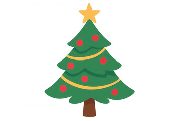 Obraz premium Christmas tree with yellow star and red ornaments, celebrating winter holidays, new year, festive decoration, isolated