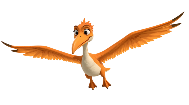 Orange Cartoon Female Pterodactyl Flying with Wings Extended on transparent background. Black Background dinosaur isolated on a transparent background - Powered by Adobe