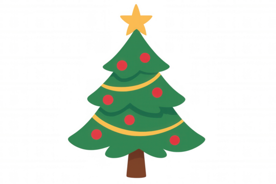 Christmas tree with yellow star and red ornaments, celebrating winter holidays, new year, festive decoration, isolated