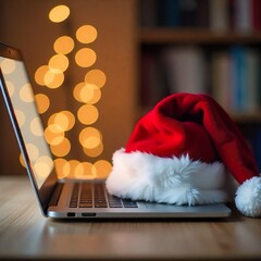 Laptop on desk with Santa hat, blurred Christmas decorations in background, clean festive scene
