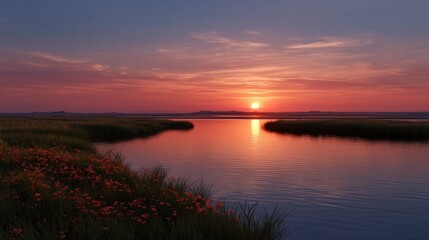 Serene Sunset Over a Calm Lake with Reflecting Sky and Lush Greenery in the Foreground