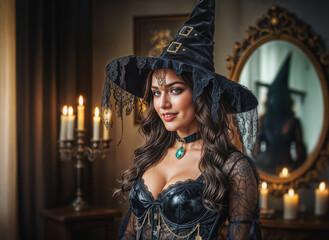 Fototapeta premium Halloween portrait - Beautiful woman in elaborate witch costume with ornate hat poses in candlelit gothic interior