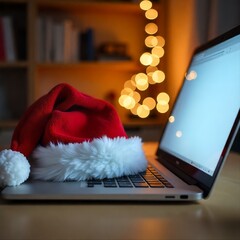 Laptop on desk with Santa hat, blurred Christmas decorations in background, clean festive scene