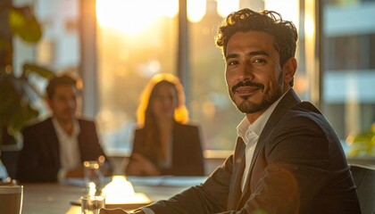 Confident executive in suit smiles during meeting in sunlit office, with colleagues in background
