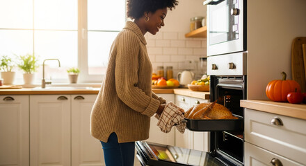 African American Woman Cooking Turkey. A joyful woman preparing a Thanksgiving or Christmas holiday meal in a beautiful, sunlit kitchen. This image is perfect for themes of family gatherings, holiday 