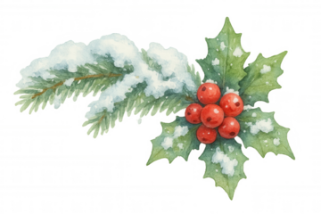 Christmas winter holiday evergreen branch with snow and holly berries, watercolor decorative illustration