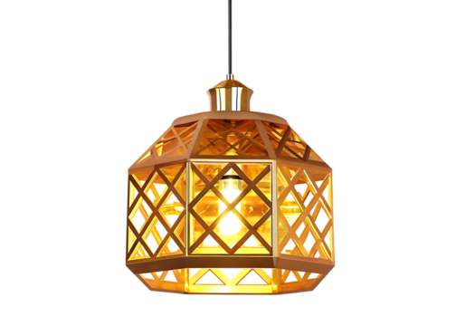 Geometric golden pendant lamp with diamond pattern isolated on a transparent background