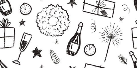 A Christmas retro seamless pattern. Doodle Sketch. Textured elements are crafted in a charcoal style. Gift, wreath, star, glass of champagne, sparkler, tinsel, clock, pine cone, fir branch.