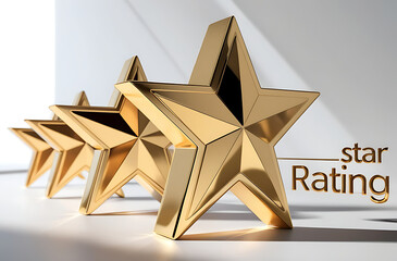 Golden star rating system with sparkling metallic stars arranged in a row on a clean background