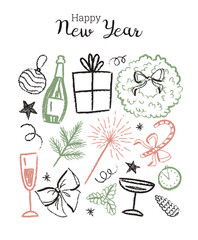 Happy New Year poster. Doodle Sketch. Textured elements are crafted in a charcoal style. Gift, wreath, glass of champagne, sparkler, tinsel, clock, pine cone, mistletoe, fir branch, bow.