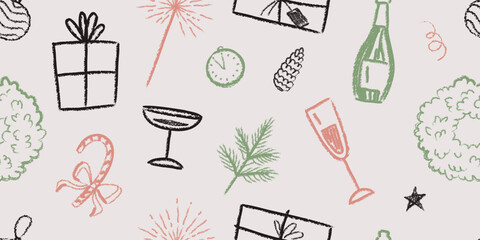 A Christmas retro seamless pattern. Doodle Sketch. Textured elements are crafted in a charcoal style. Gift, glass of champagne, wreath, sparkler, fir branch.
