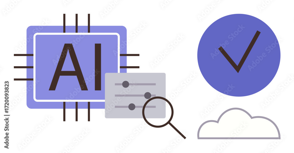 Poster ai microchip, magnifying glass, control sliders, cloud, and checkmark for technology, machine learni