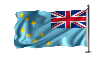 A digitally rendered image of the Tuvalu flag, featuring a light-blue background, a Union Jack, and nine prominent yellow stars.