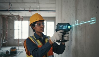 Engineer using a digital leveling tool with an augmented reality display. tool projects a digital line onto the physical wall in front of them, ensuring perfect alignment. technology on the job site