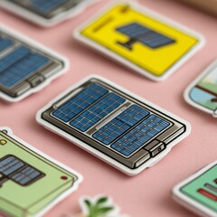Colorful Pastel Icons of Solar Gadgets on a Soft Pink Background for Creative Projects