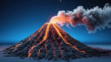 Experience the raw power of an erupting volcano with molten lava flowing and ash clouds billowing against a dramatic night sky.