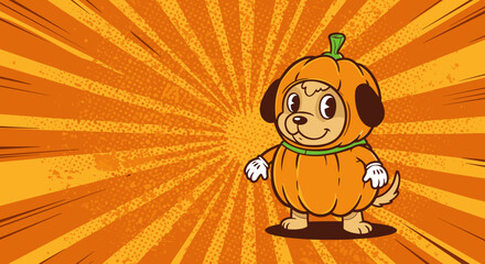 Cartoon dog dressed as a pumpkin on an orange burst background  