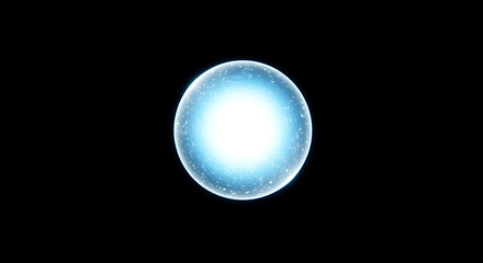 Glowing blue orb with white particles on black background