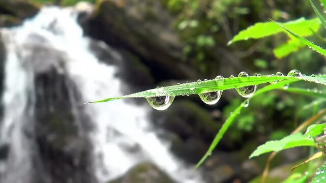 Dew drops on grass by waterfall