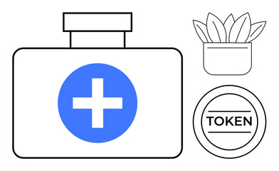 First aid kit with blue cross, potted plant, and token icon in clean line art. Ideal for healthcare, wellness, reward systems, nature, minimalism, sustainability modern design simple flat metaphor
