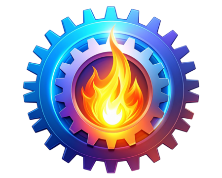 _A modern abstract logo combining a glowing flame and a mechanical gear, symbolizing p